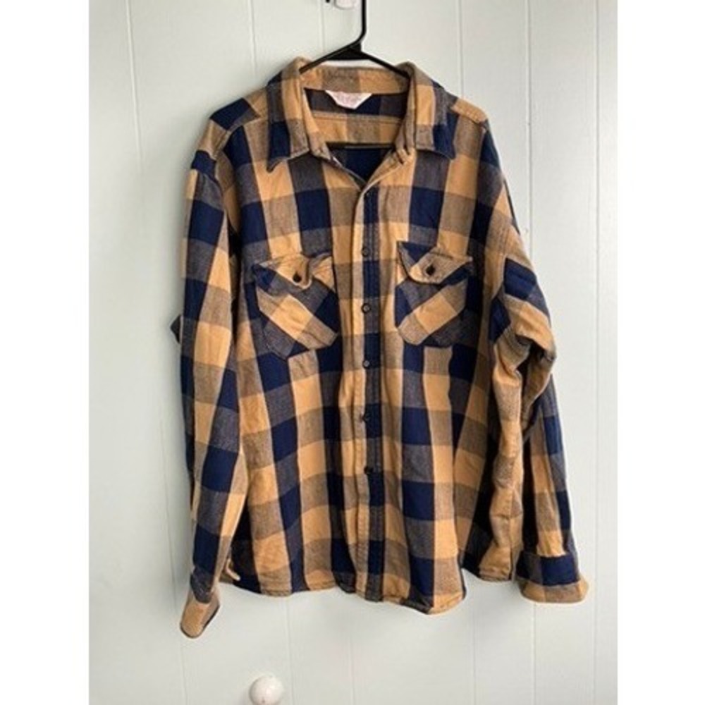 Frostproof Mens 3XL Flannel Shirt Vintage Made in USA Blue Tan Plaid Cotton 19.5